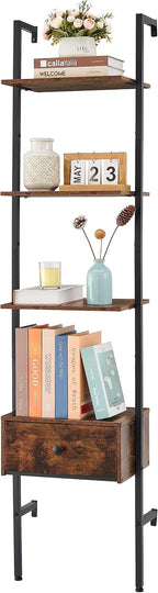 4 Tier Wall Ladder Bookshelf with Drawers, Wall Mounted Shelf, Wooden Wall Ladder Shelf Bookcase, Industrial Ladder Shelf with Storage Shelves for Office, Bedroom, Living Room, Rustic Brown