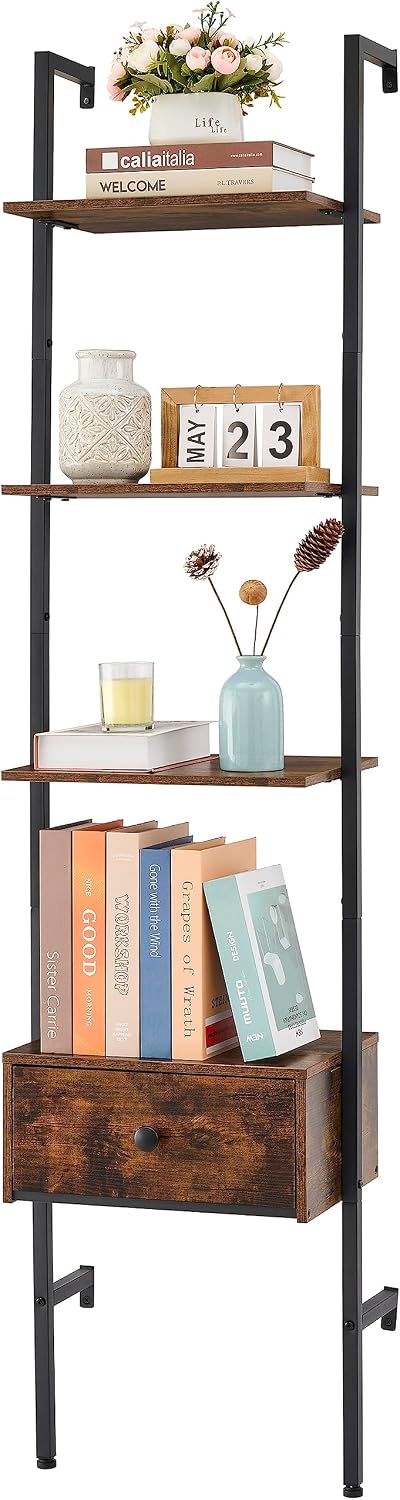 4 Tier Wall Ladder Bookshelf with Drawers, Wall Mounted Shelf, Wooden Wall Ladder Shelf Bookcase, Industrial Ladder Shelf with Storage Shelves for Office, Bedroom, Living Room, Rustic Brown