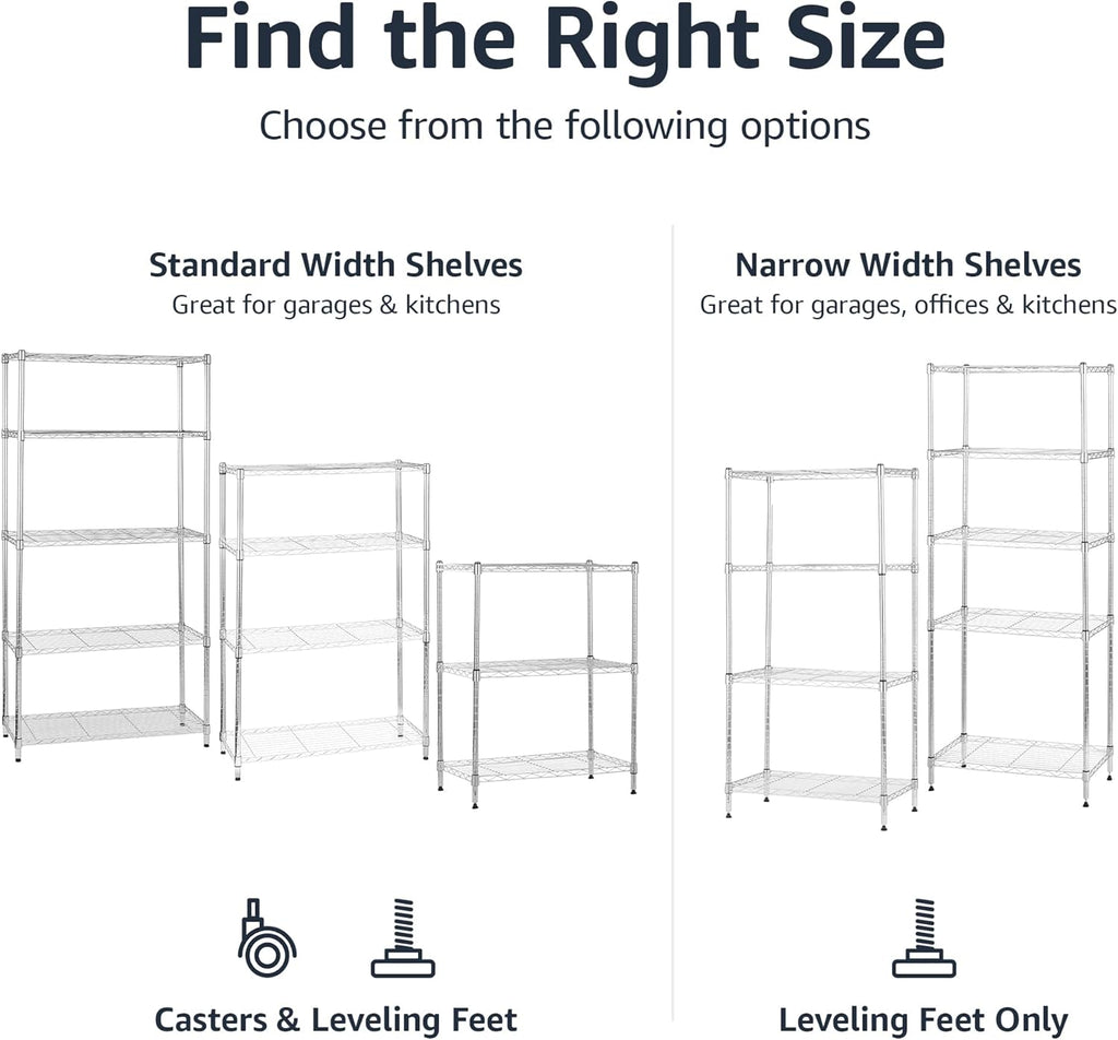 Amazon Basics 4-Shelf Adjustable, Heavy Duty Storage Shelving Unit with Wheels for Easy Assembly, for Garage or Kitchen Use, Metal Organizer Wire Rack, 36" L x 14" W x 57.8" H, Chrome