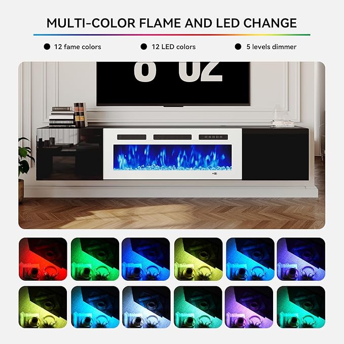 MXV 70'' Floating TV Stand, Modern Media Entertainment Center with 36" Electric Fireplace, TV Console Cabinet Wall Mounted, Adjustable 12-Color LED Lights, for Living Room, Black + White