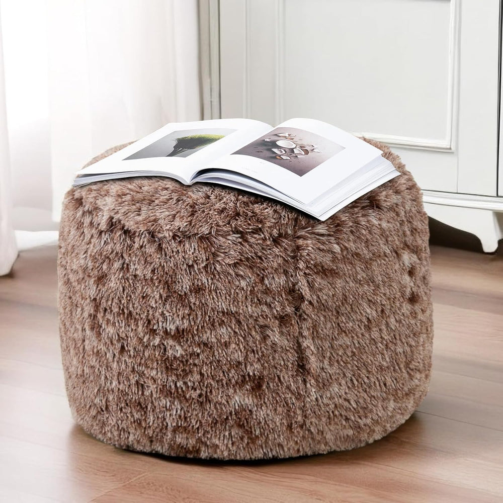 HIGOGOGO Round Stuffed Pouf Ottoman, Long Faux Fur Poufs with Foam Chunk Fill...