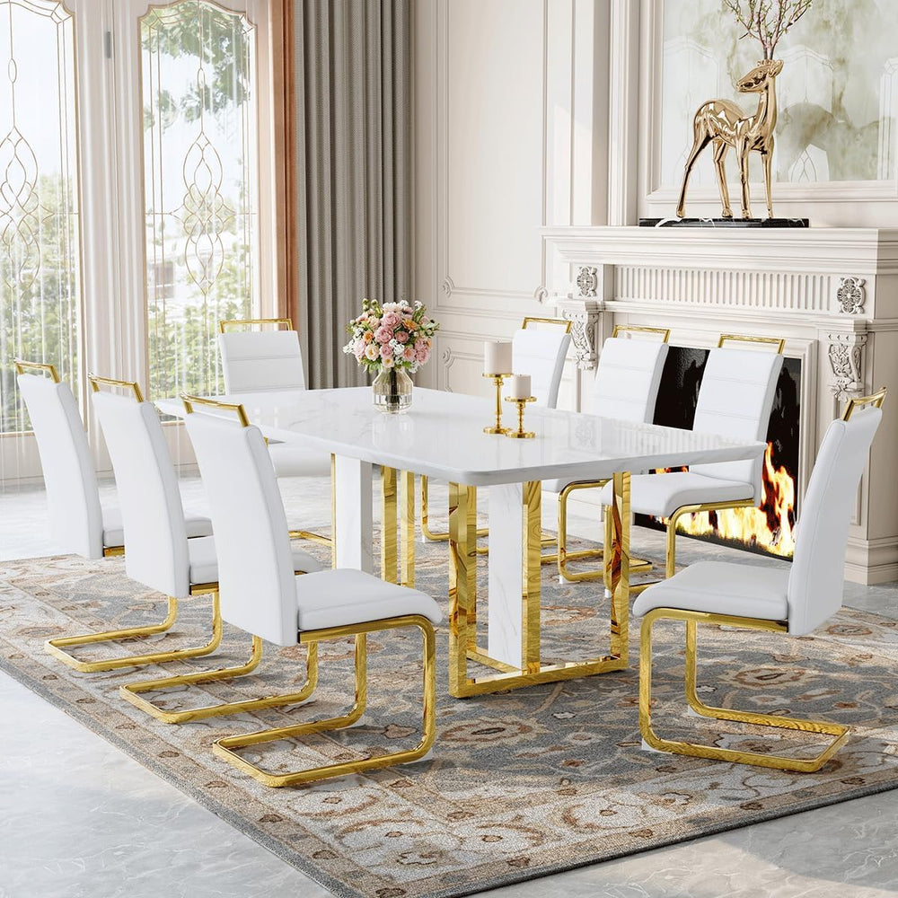 79" White Gold Dining Table Set for 8, Luxury Faux Marble Dining Table S...