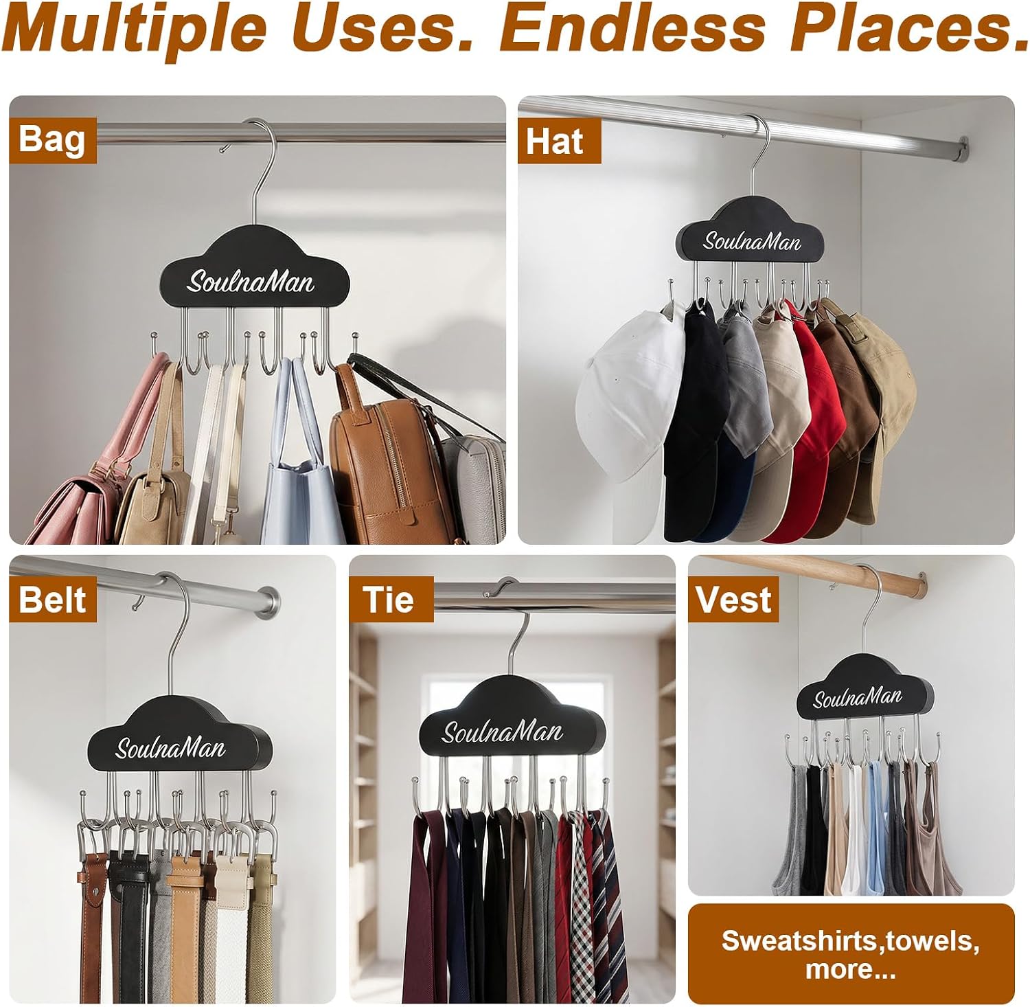 Belt Organizer, Tie Rack with 8 Hooks,Belt Hanger (Black,2 Pcs) | Tie Rack for Belt, Bra, Tank Top, Hat, Purse, Black, Tanktop hanger for Closet