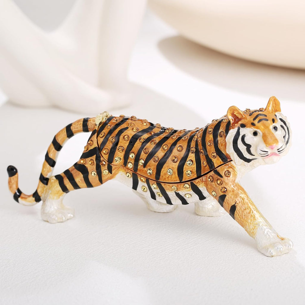Hand Painted Animal Trinket Box for Home Decor, Hinged Jewelry Organizer Storage, Unique Personalized Collectible Keepsake Figurine Handmade Decorative Ornament Gifts (Tiger)