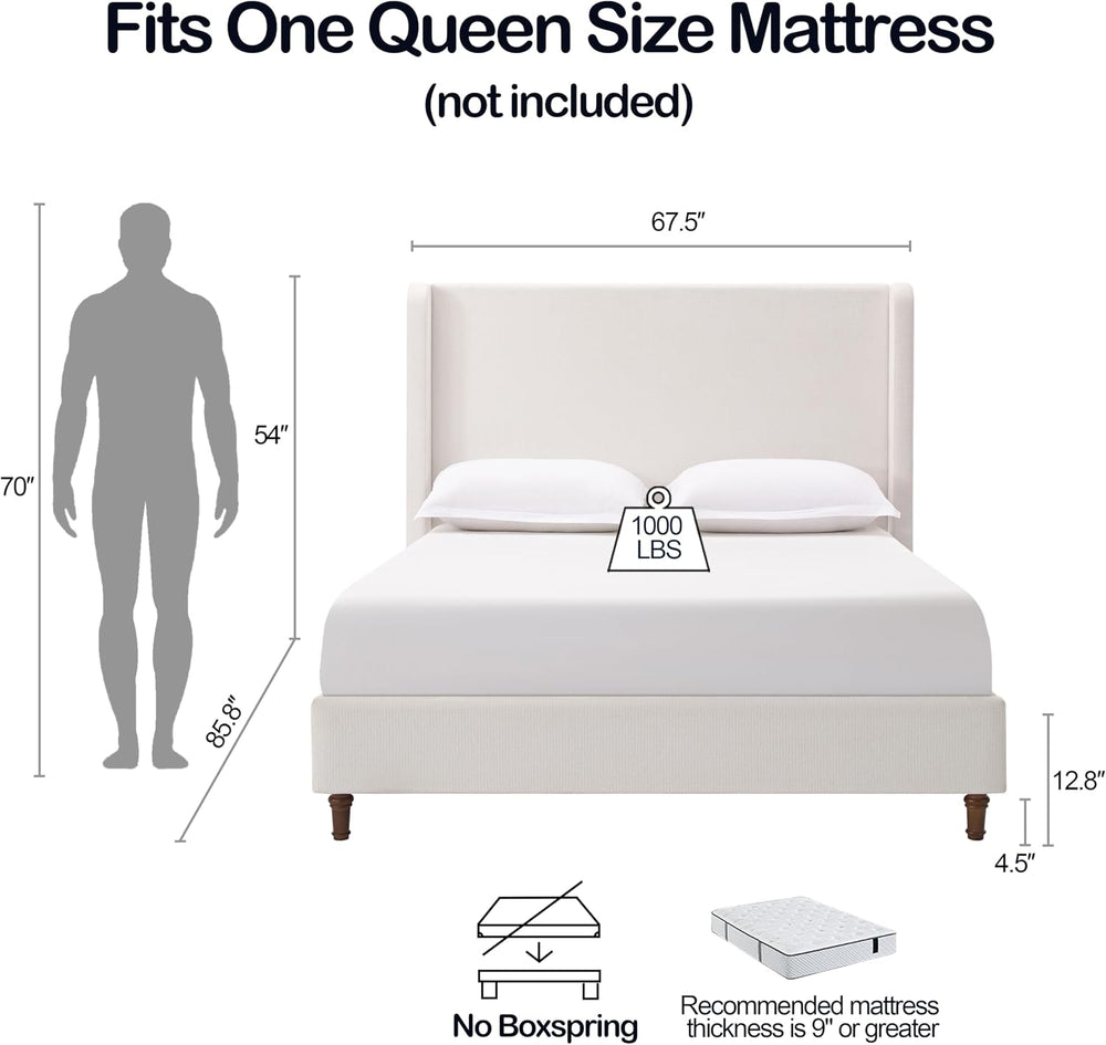 Queen Size Upholstered Bed Frame, 54" High Headboard Carmen Wingback Bed...