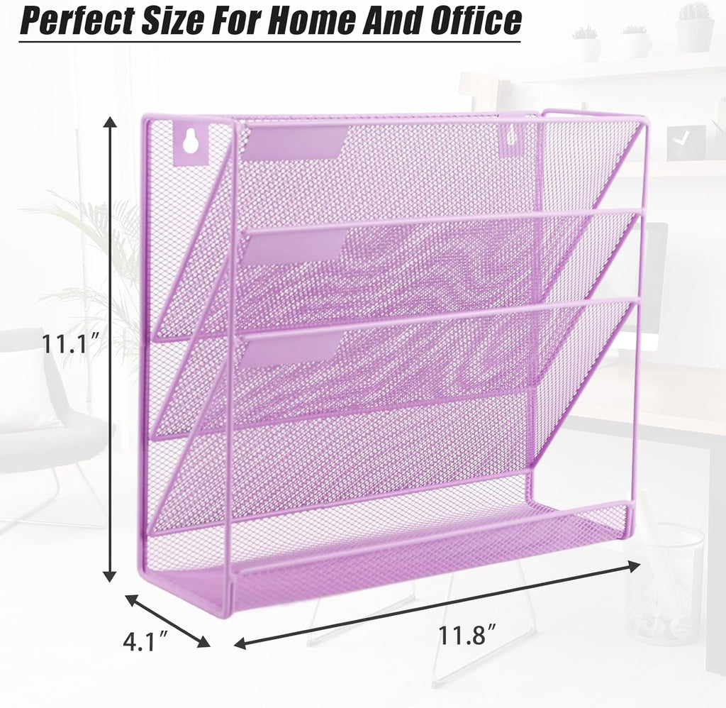 EASEPRES Desk File Organizer Mesh 4-Tier, Hanging Wall Mount Document Organization Stand, Desktop Vertical Mail Paper Folder Holder Rack with Bottom Tray for Office Home Cubicle, Light Purple