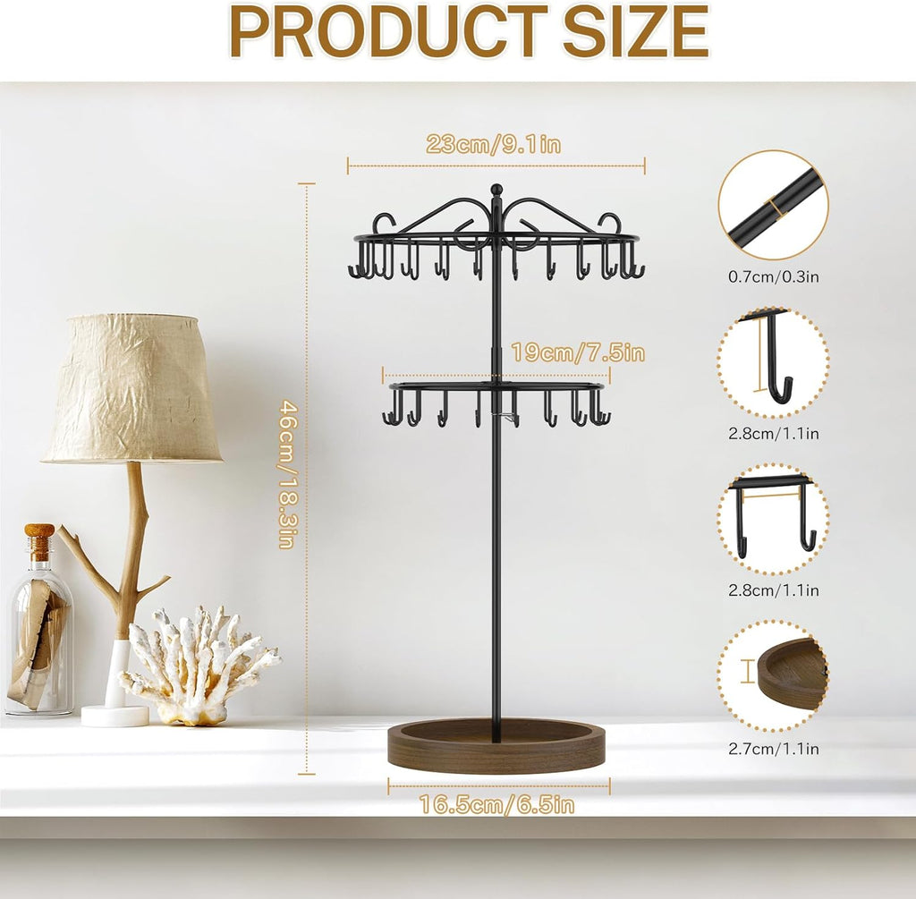 iDavosic.ly 2 Tier Rotating Necklace Holder Organizer with Wooden Jewelry Tray, Adjustable Metal Bracelet Display Stand with 42 Hooks, Extra Tall Keychain Spinning Tree Tower for Women, Black