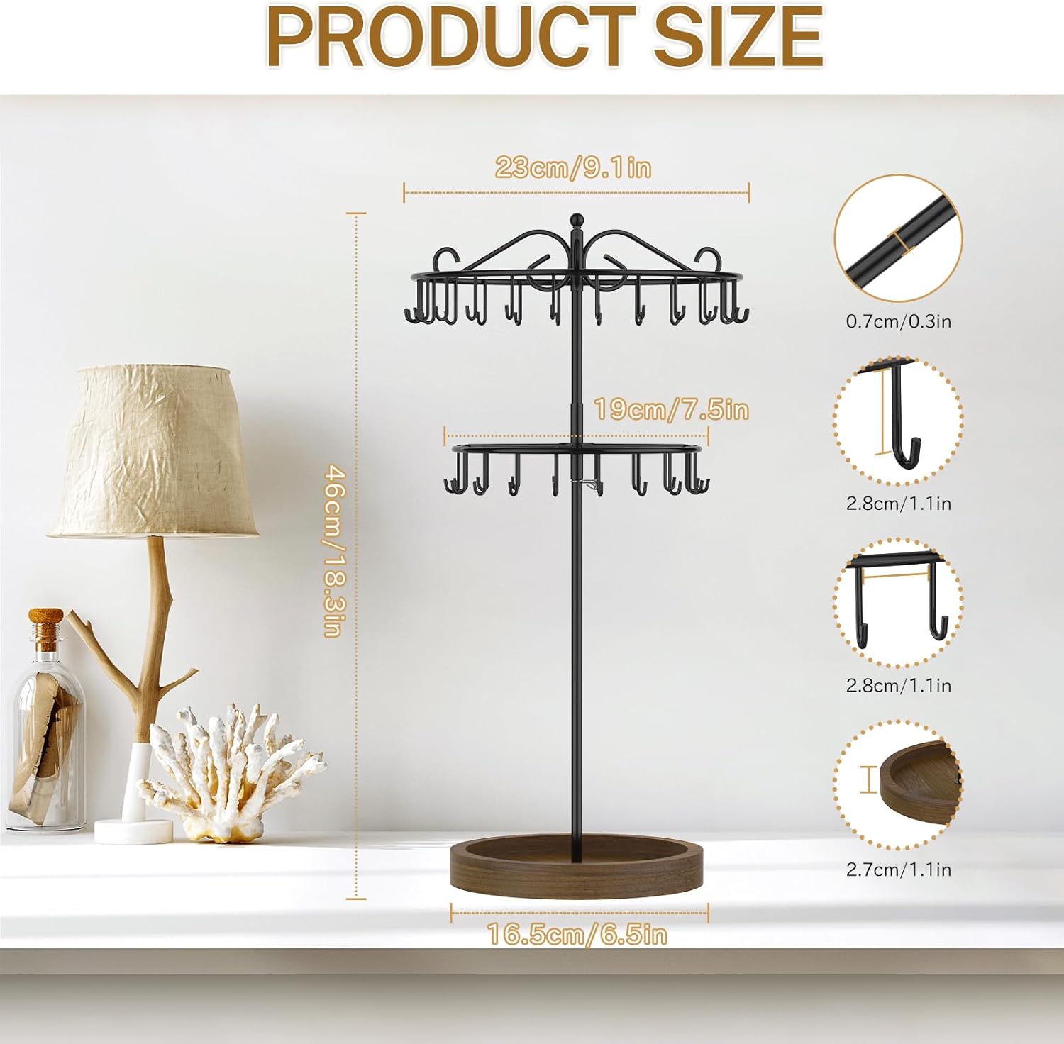 iDavosic.ly 2 Tier Rotating Necklace Holder Organizer with Wooden Jewelry Tray, Adjustable Metal Bracelet Display Stand with 42 Hooks, Extra Tall Keychain Spinning Tree Tower for Women, Black