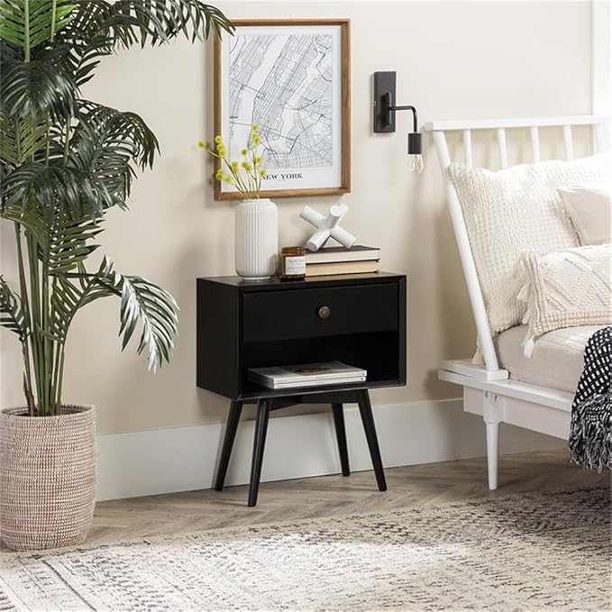 Walker Edison Ella Mid Century Modern 1 Drawer Solid Wood Nightstand, 1 Pack, Black