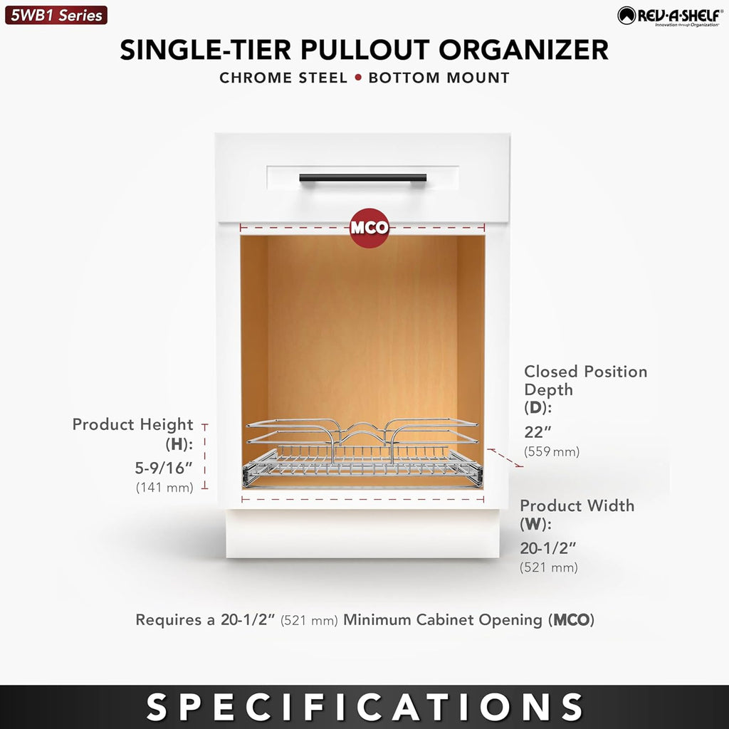 Rev-A-Shelf Kitchen Cabinet Pullout Shelf and Drawer Organizer Slide Out Pantry Storage Basket in Multiple Sizes, 21 x 22 In, 5WB1-2122CR-1