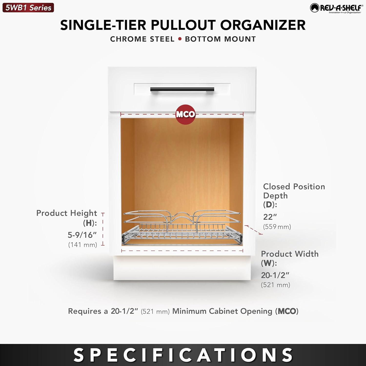 Rev-A-Shelf Kitchen Cabinet Pullout Shelf and Drawer Organizer Slide Out Pantry Storage Basket in Multiple Sizes, 21 x 22 In, 5WB1-2122CR-1