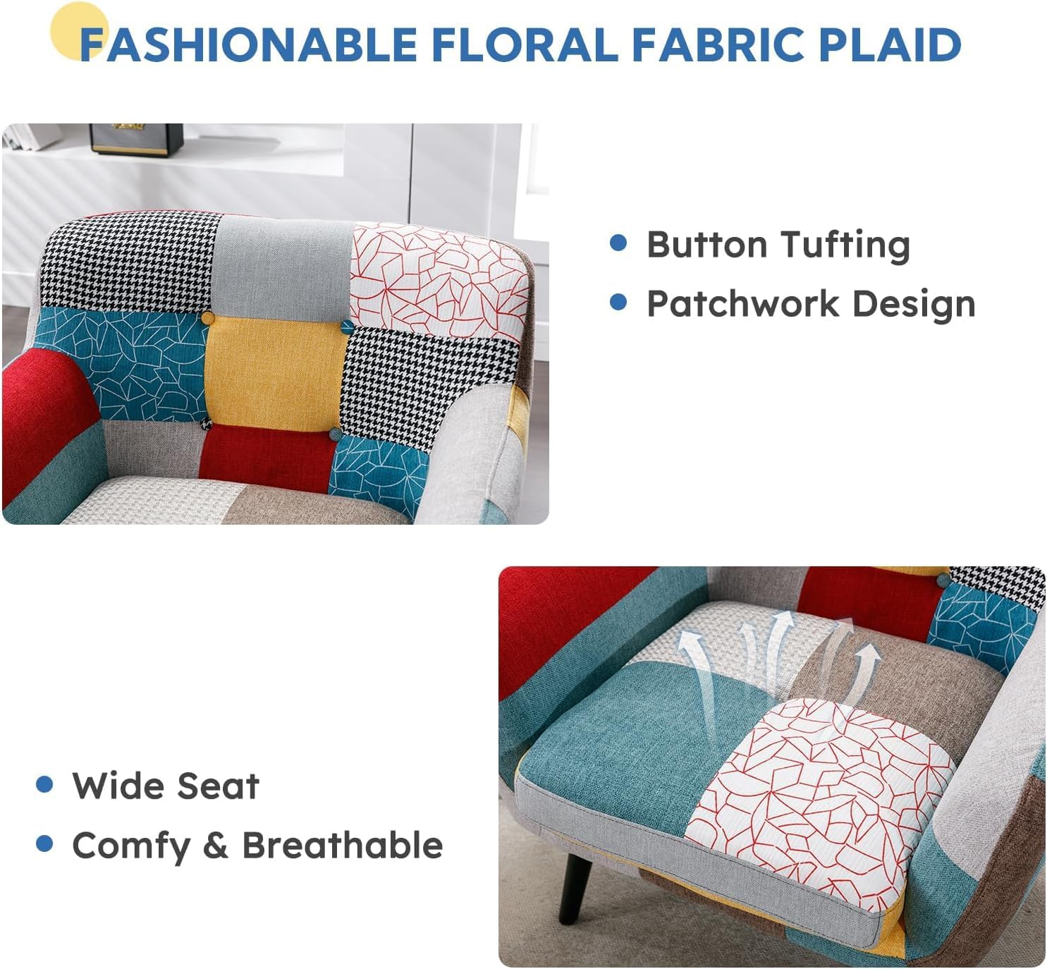Bonzy Home Modern Colorful 3 Piece Coroful Fabric Sofa Set, Included Accent Chair and Boho 2 Loveseat, Linen Patchwork Plaid Couches with Rubberwood Legs and Removable Upholstered for Living Room
