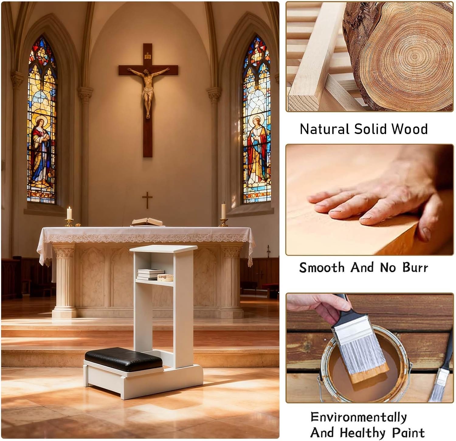 Prayer Kneeler Bench 20x16.5x33In Solid Wood Prayer Table Prayer Bench Stool with Shelf and Cushion Pad Church Pulpit Kneeling Chair Meditation Bench Stool for Church Prayers(Wood)