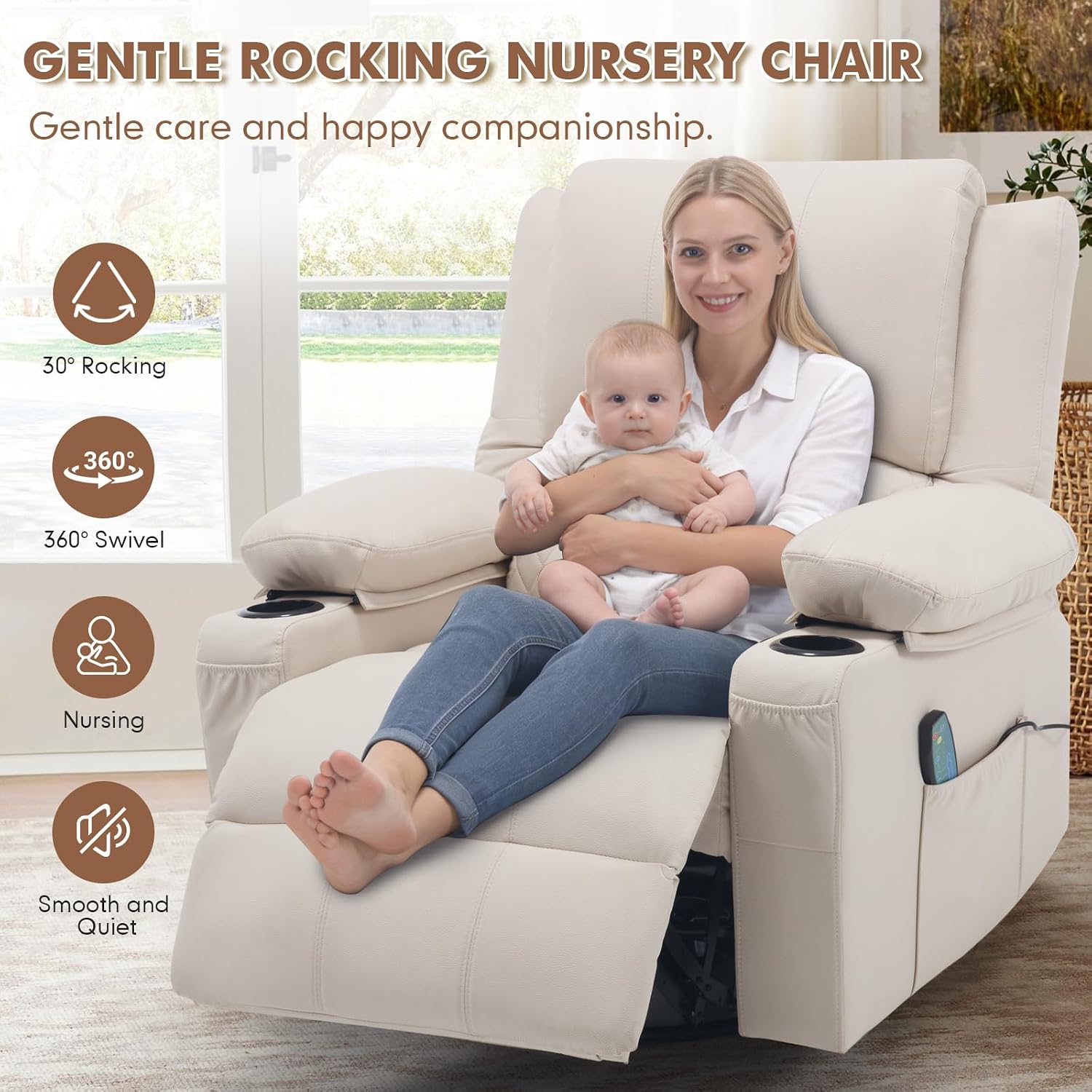 Massage Swivel Rocker Recliner Chair with Heat Nursery Rocking Glider Chair | Overstuffed, Cup Holders, Nursery Glider, Rocking Reclining Lounge Chair, Swivel Heated Massaging Recliner, Faux Leather