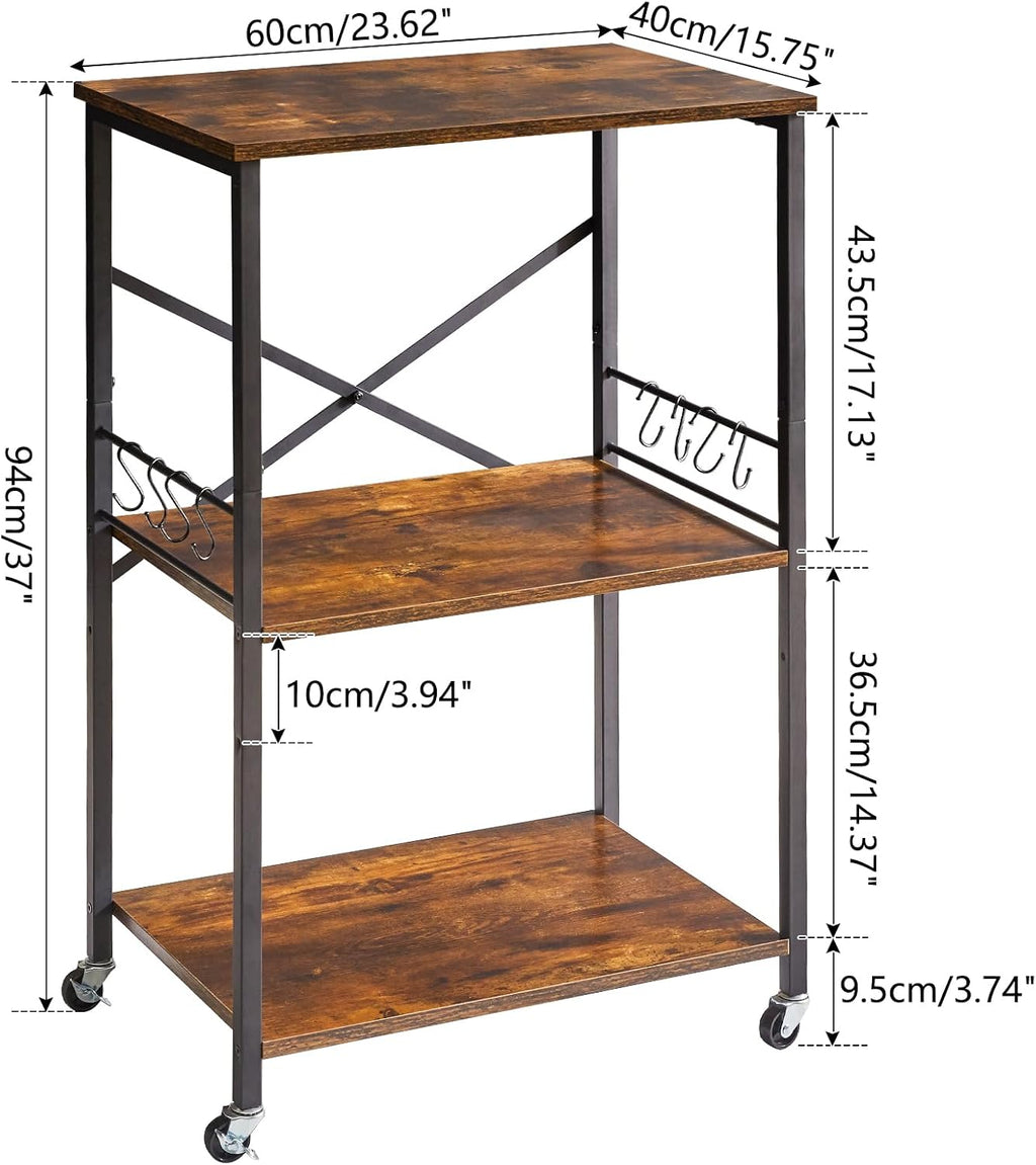 IBUYKE Kitchen Shelf Cart, 3-Tier Microwave Oven Stand, Baker’s Rack with Metal Frame and 8 Hooks, Industrial Printer Stand, Utility Standing Storage Shelf for Coffee Bar, Simple Assembly, TMJ023H