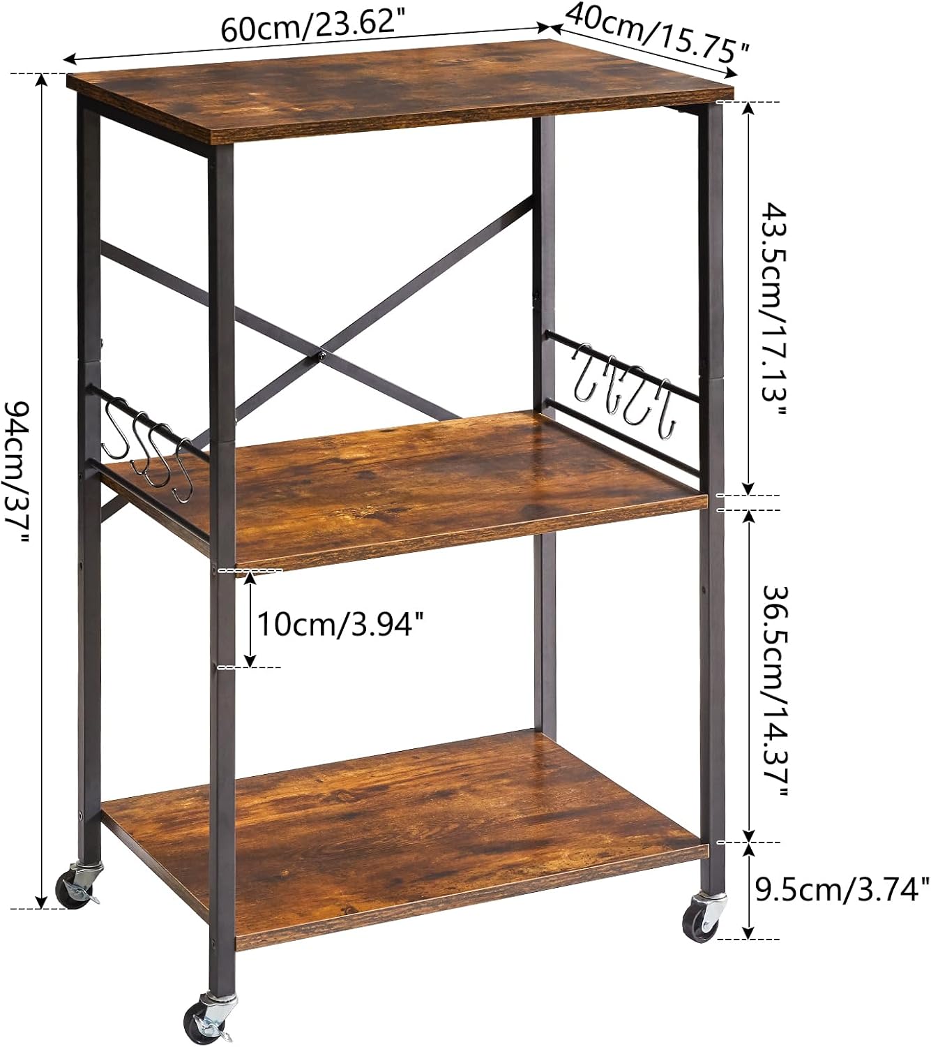 IBUYKE Kitchen Shelf Cart, 3-Tier Microwave Oven Stand, Baker’s Rack with Metal Frame and 8 Hooks, Industrial Printer Stand, Utility Standing Storage Shelf for Coffee Bar, Simple Assembly, TMJ023H