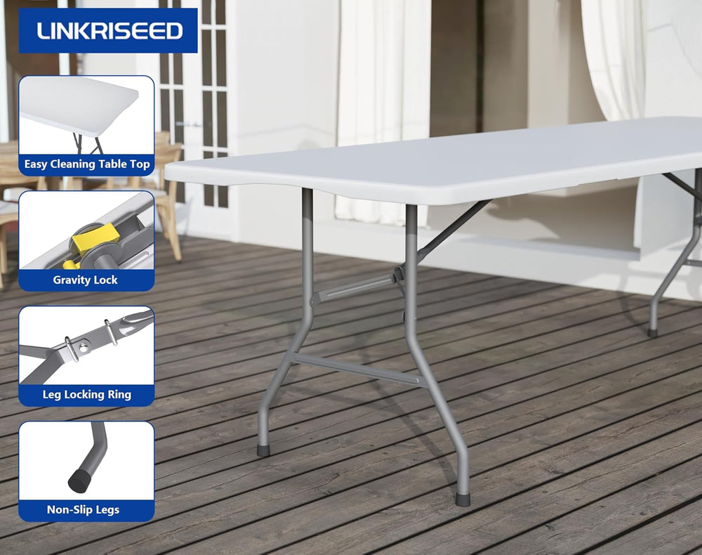 8FT Folding Tables – Heavy Duty Portable Foldable Picnic Table with Built-in ...