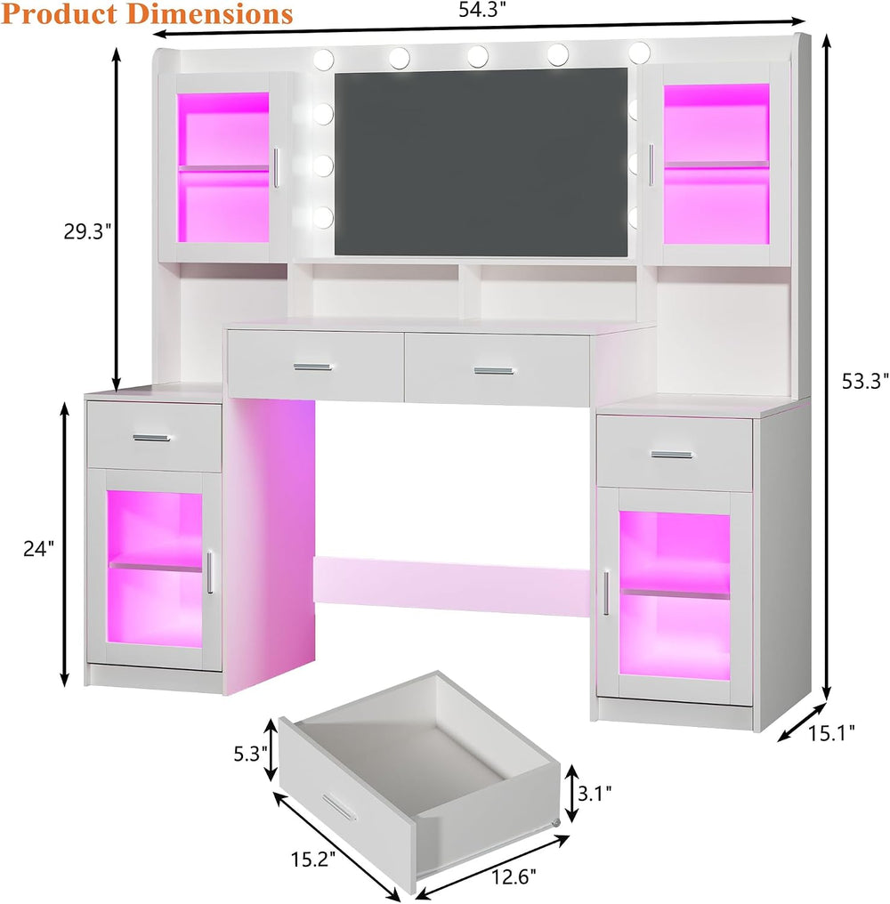 HUAHUU Large Vanity Desk with Mirror & Lights, 54.3'' Makeup Vani...
