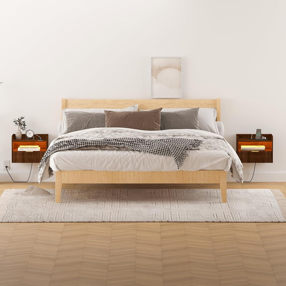 Veegle Floating Nightstand with Charging Station and LED Lights (Walnut Brown)