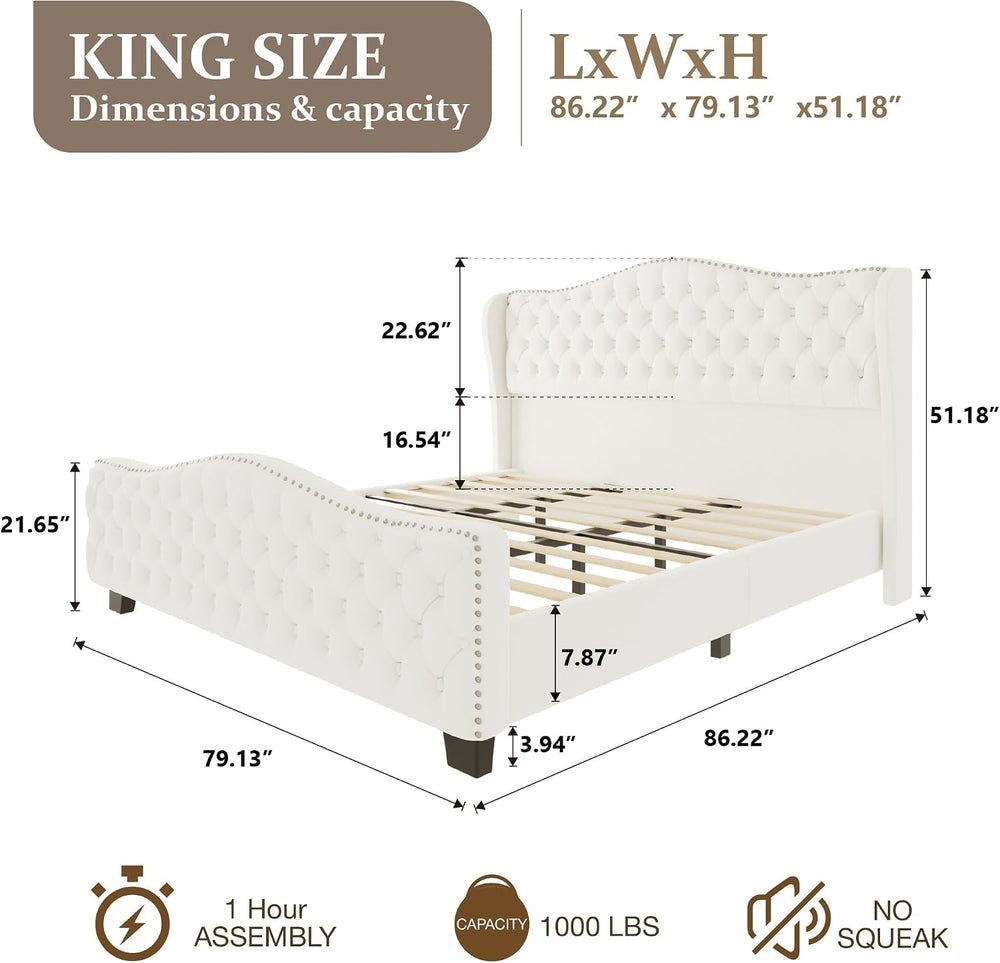 King Size Bed Frame with Tall 51.2" Wingback Headboard, Luxury Platform ...