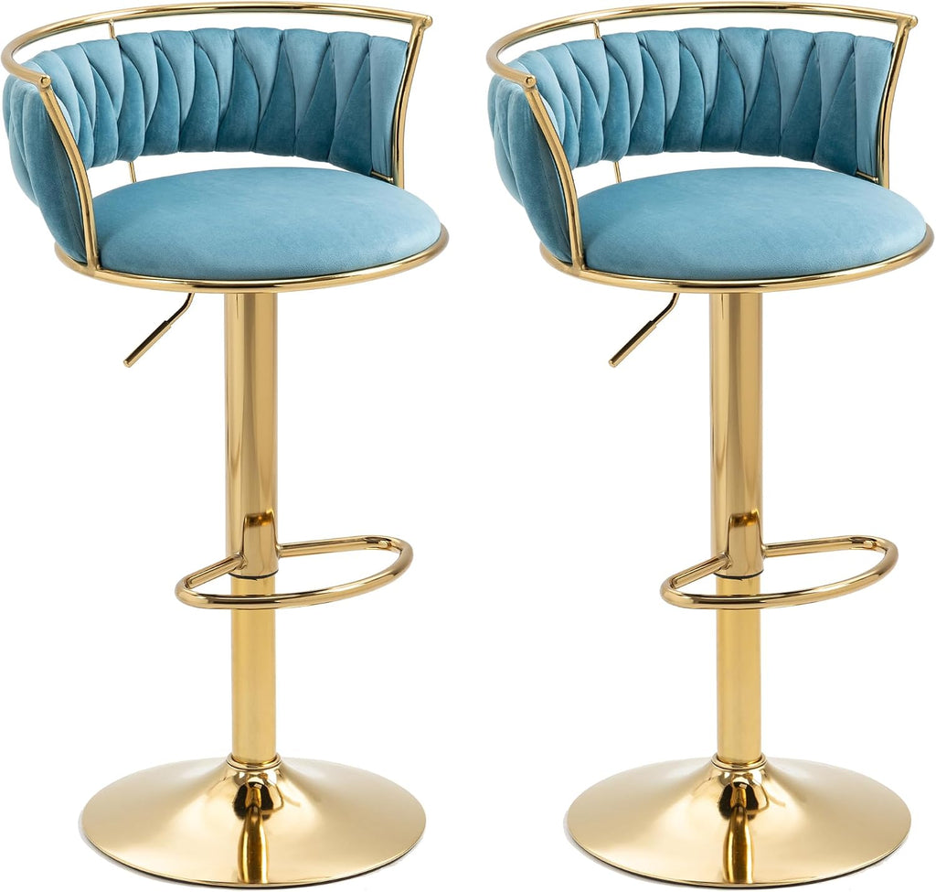 Velvet Swivel Bar Stools, Adjustable Counter Height Bar Chairs with Low Back & Footrest, Modern Gold Bar Stools for Kitchen Island, Bar Pub (Light Blue,Set of 2)