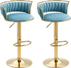 Velvet Swivel Bar Stools, Adjustable Counter Height Bar Chairs with Low Back & Footrest, Modern Gold Bar Stools for Kitchen Island, Bar Pub (Light Blue,Set of 2)