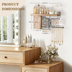 SOLIMINTR Hanging Jewelry Organizer Wall Mount with Rustic Wood Shelf, Ring Display Box, Ear Studs Earring Holder, Rotating Necklace Holder Organizer
