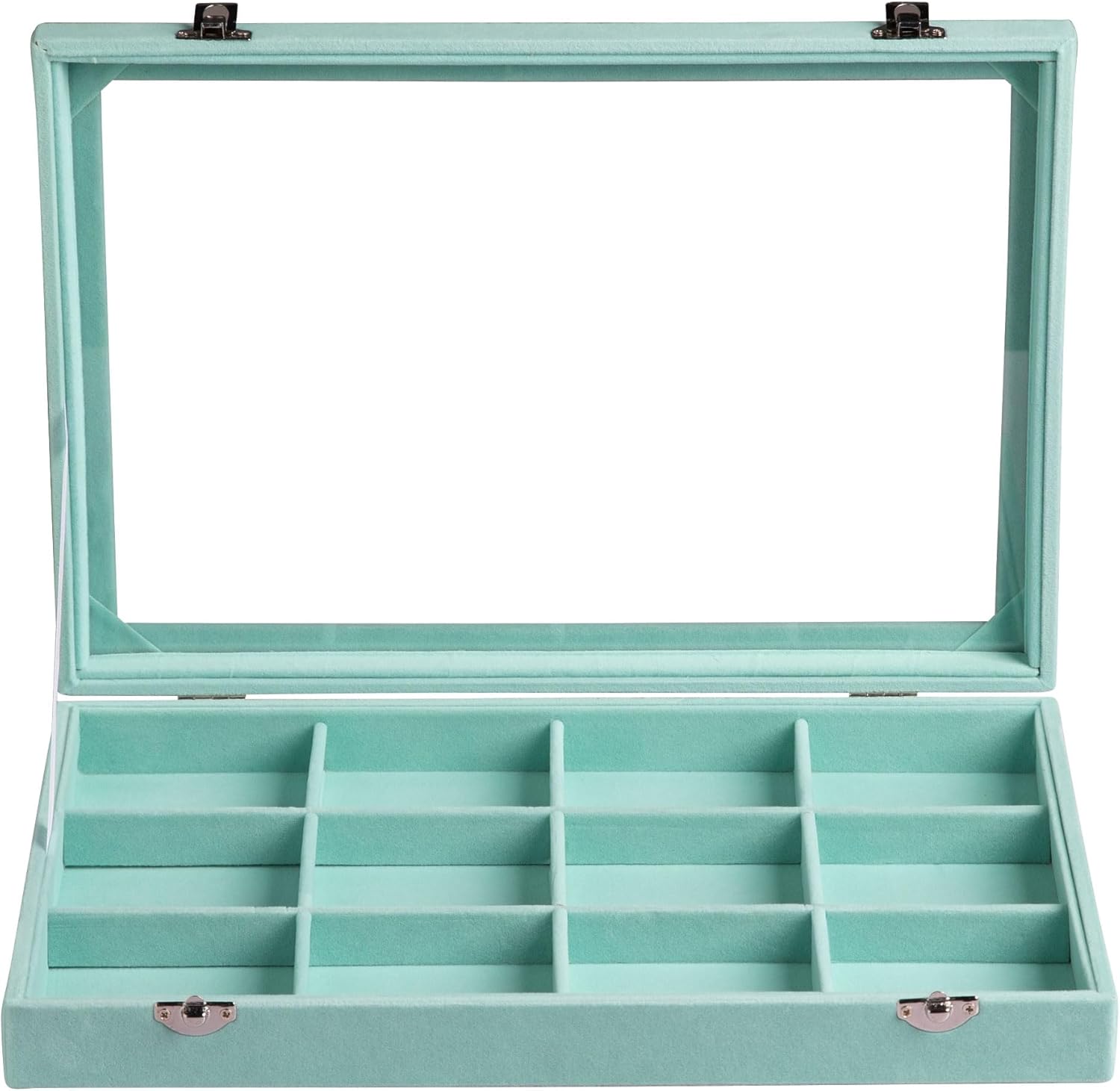 Frebeauty Velvet Jewelry Tray,12 Grid Jewelry Organizer with Clear Lid,Bracelets Holder,Jewelry Display Case with Clasp,Drawer Insert Bangle Brooch,13.8 x 9.5 x 2 Inches,Gift for Women Girl(Turquoise)