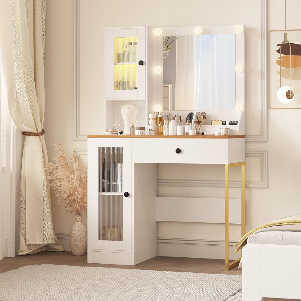 IDEALHOUSE Makeup Vanity Desk with Mirror and Lights, Vanity Table with Charg...