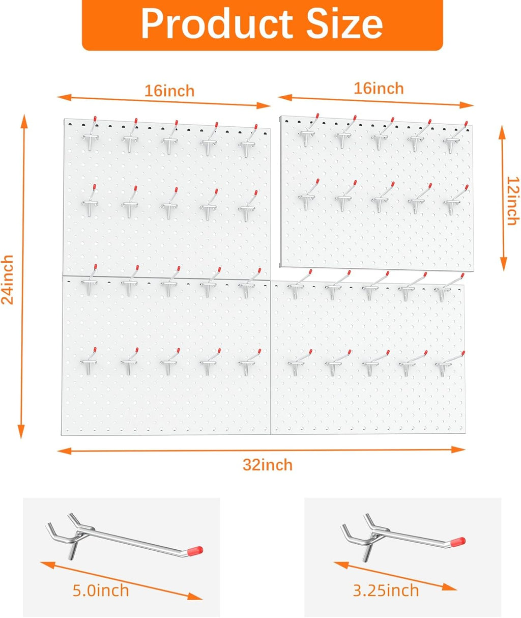 TORACK Metal Pegboard Panels and Hooks for Garage, Workbench, Shop, Shed Tool Organizer Peg Board with 1/8" & 1/4" Holes, Modular Wall-Mounted Pegboard with Pegboard Hooks(Cream White)
