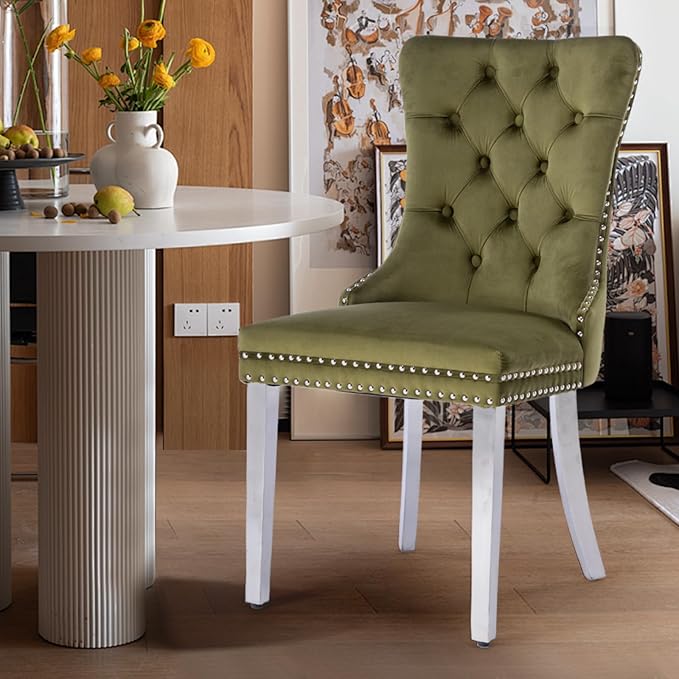 Velvet Upholstered Dining Chairs Set of 8, Modern Kitchen Side Chairs with Nailhead Trim and Silver Plated Leg, Metal Pulling Ring for Dining Room Living Room(Olive Green-Silver Plated Leg)