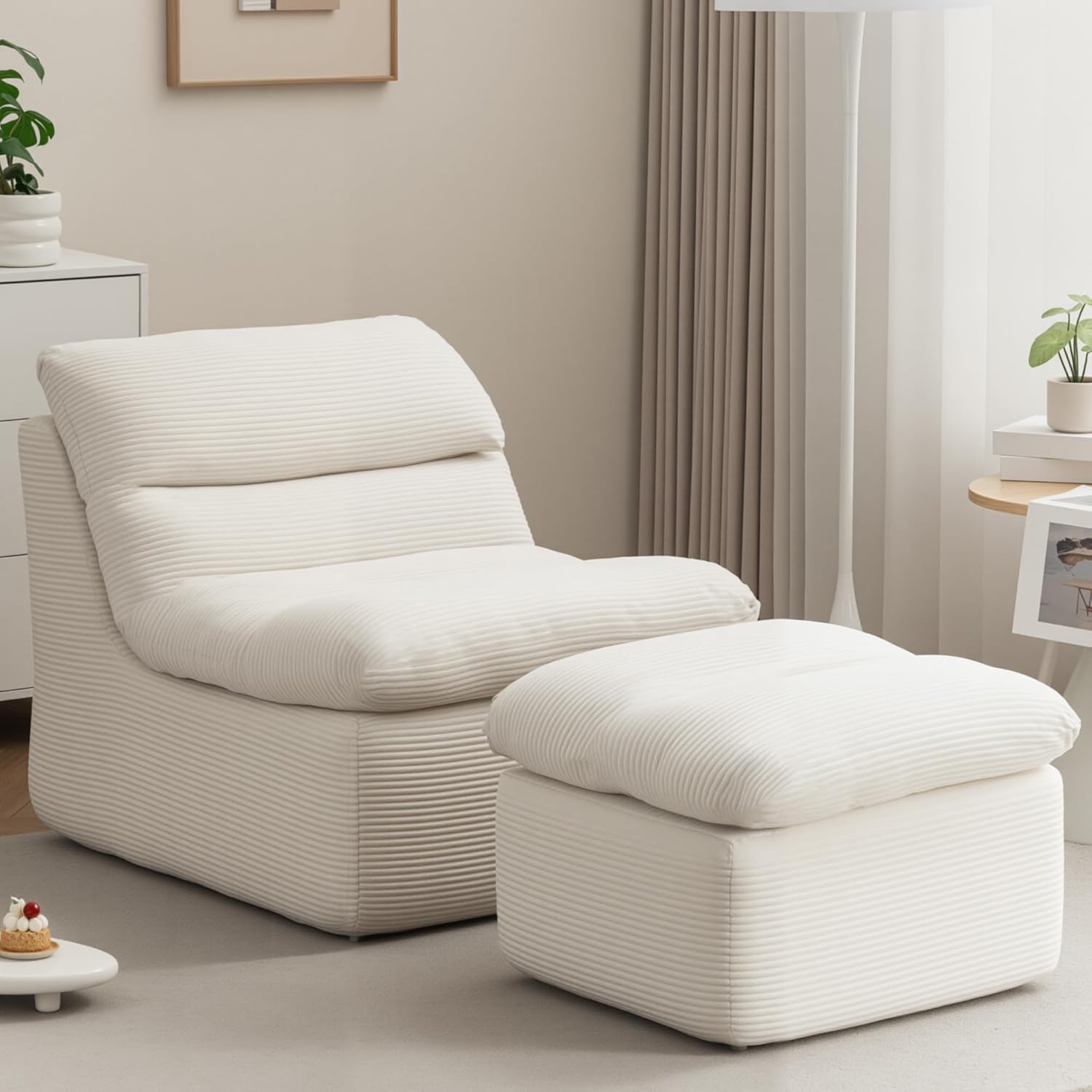 38" Bean Bag Chair with Ottoman, Big Corduroy Chaise Lounge Chairs for Adults, Tufted Upholstered Lazy Sofa for Living Room, Bedroom, Balcony, Beige