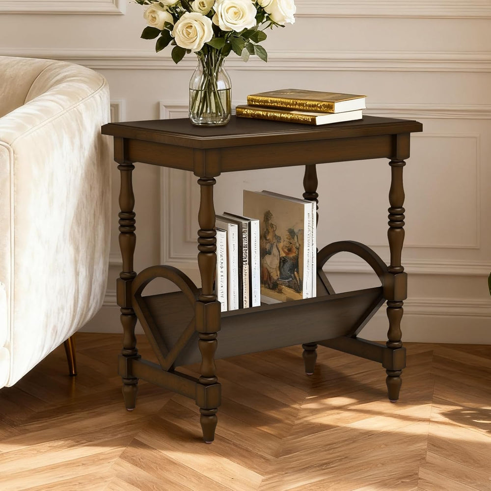 LKTART Wood End Table, Vintage Sofa Side Table with Magazine Rack and Rubberw...