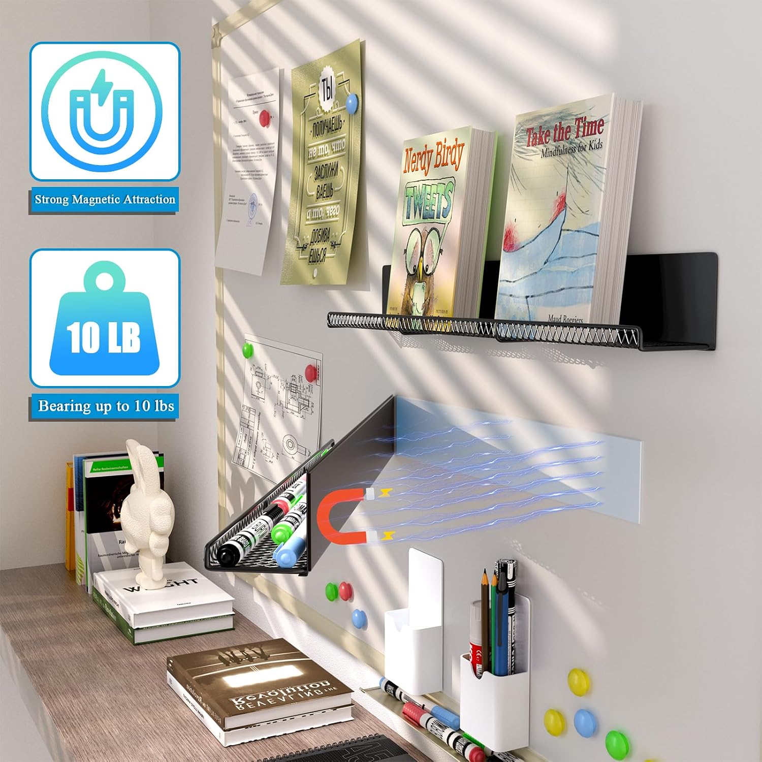 DTUQYX Metal Magnetic Book Shelf: 2-Pack 17” Magnetic Bookshelves for Whiteboard with 2 Pen Containers Strong Adsorption, Durable Floating Book Display Shelf, Movable Office File Holder (Black)