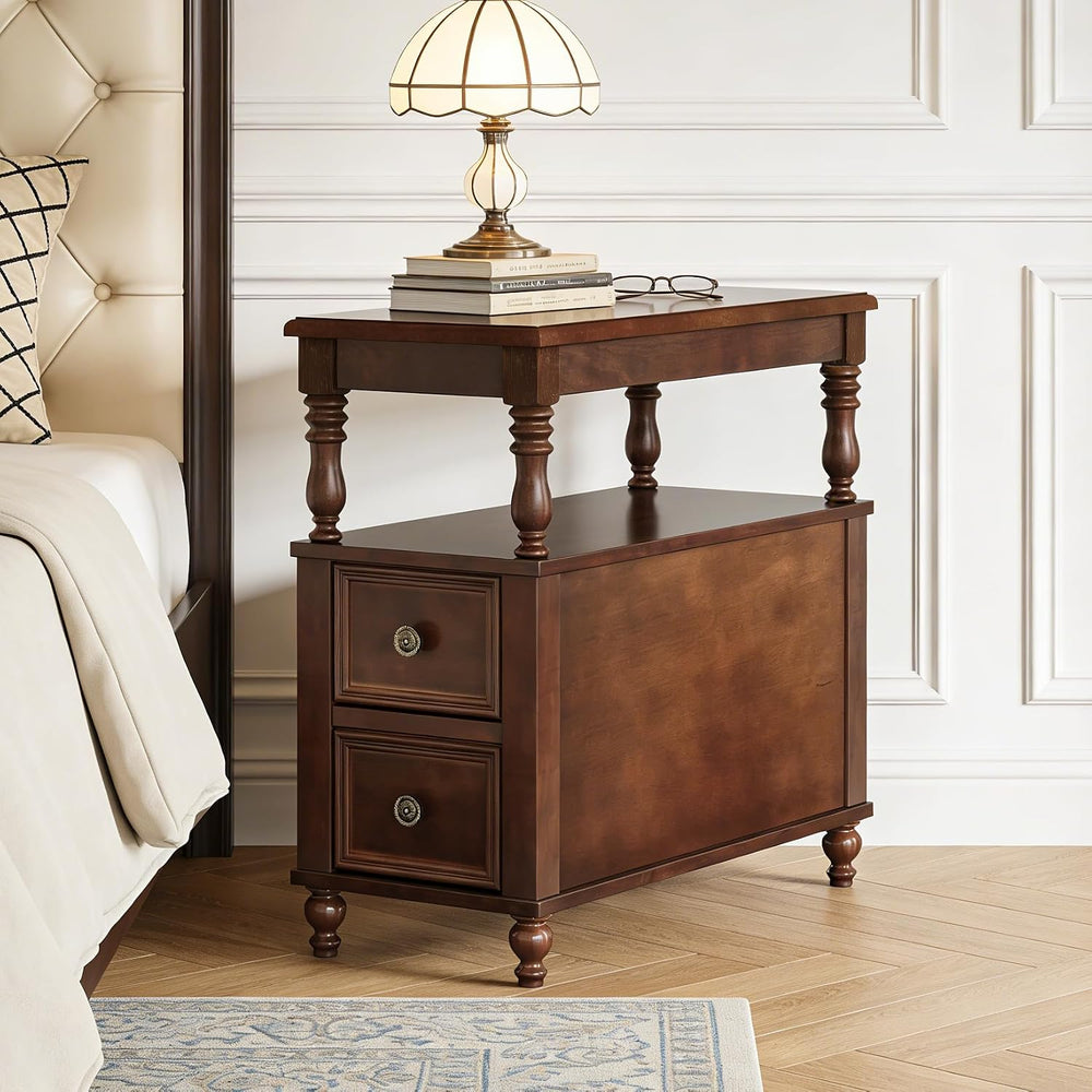 Tribesigns Solid Wood End Table, Vintage Side Table with 2 Drawers & 2-Ti...