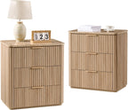 Fluted Nightstand Set of 2, Engineered Wood Bedside Table with 3 Drawers, Modern End Table with Faux Marble-Top, Curved Corners, Metal Handle, Large Night Stand for Bedroom, Office, Closet Natural Oak