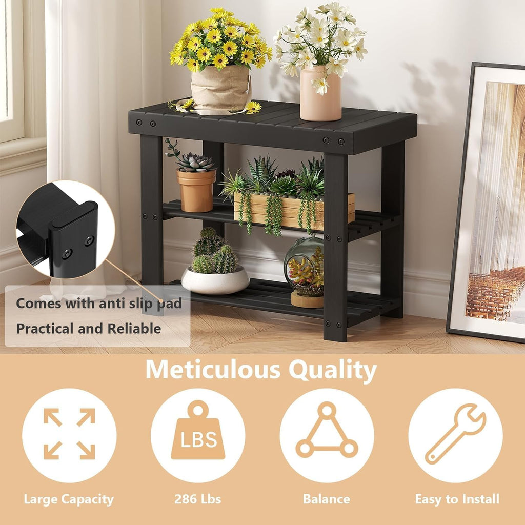 Simple Deluxe Shoe Rack Bench, 3-Tier Bamboo Storage Organizer, 286lb Capacity Entryway Bench for Front Door, Bedroom, Living Room, Bathroom, Balcony, Stylish Shoes Black (11.3 x 19.7 x 17.8 Inches)