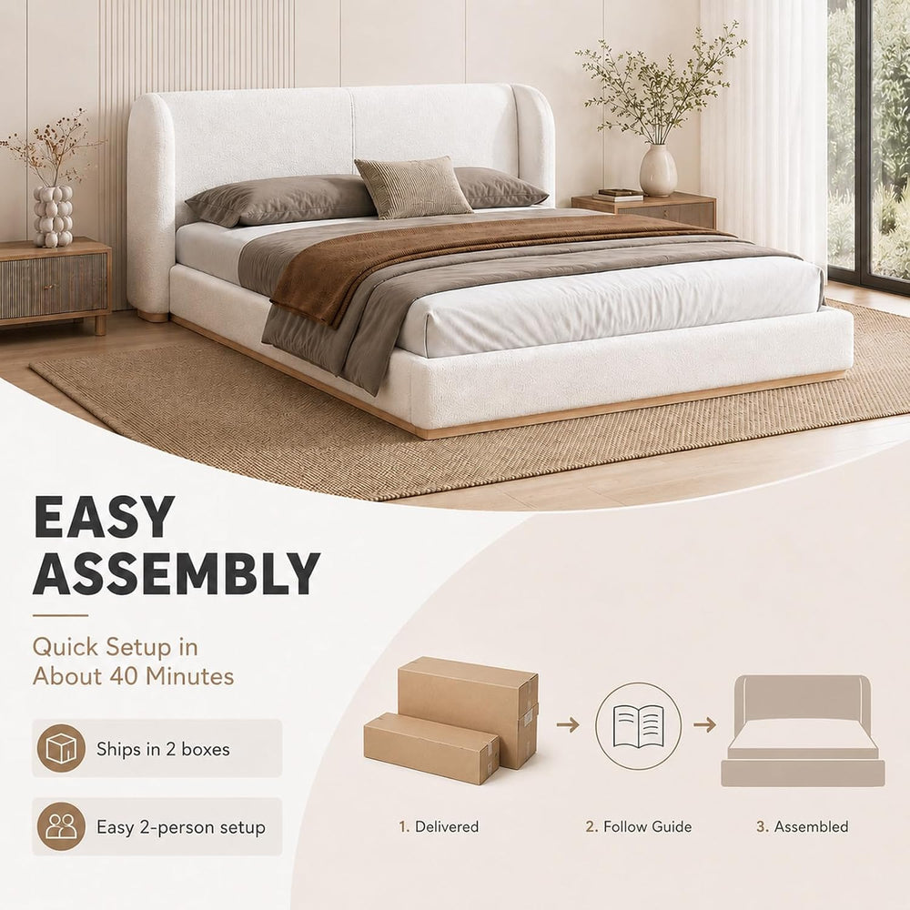Queen Size Bed Frame, Rounded Wingback Headboard, Boucle Fabric