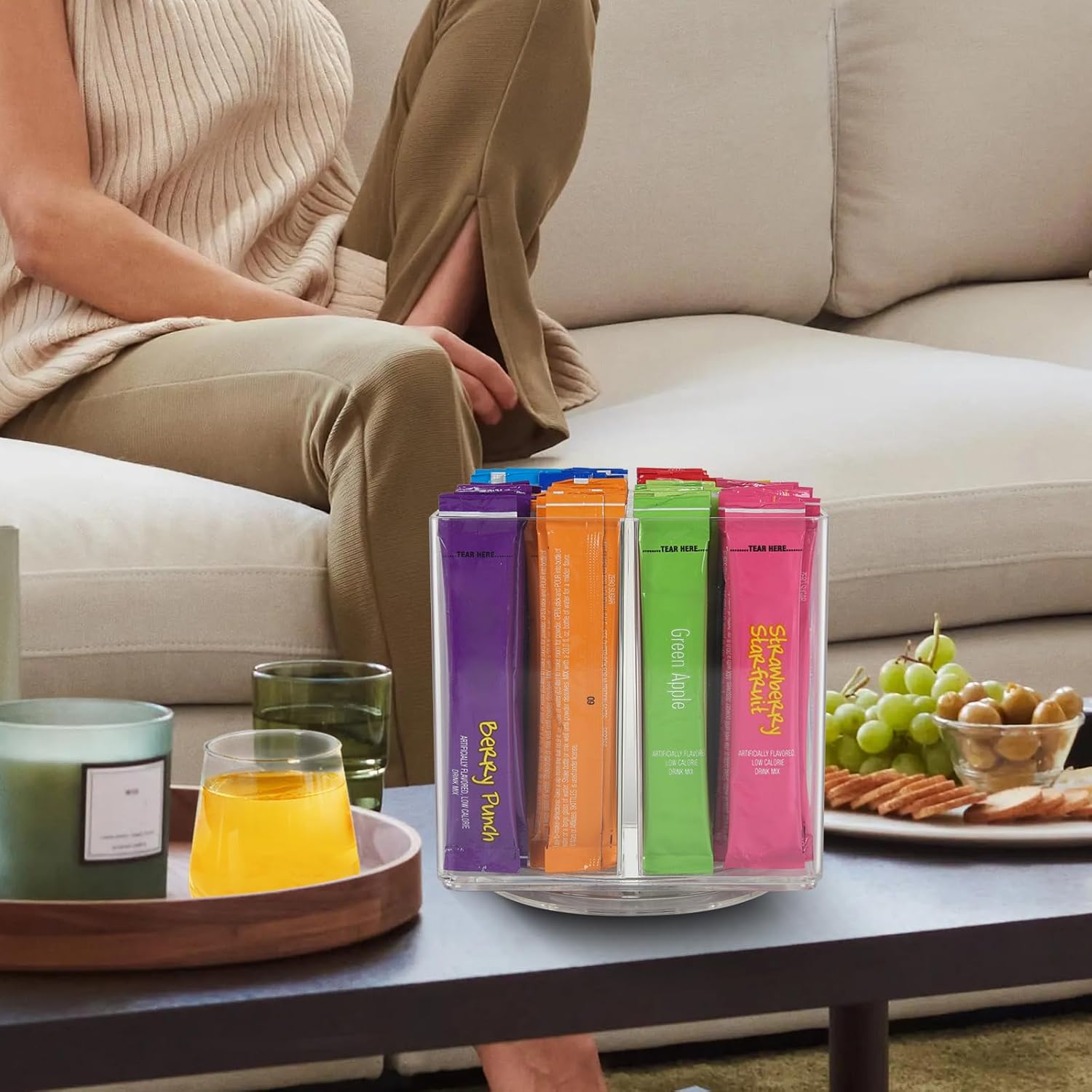 Drink Packet Organizer For Powdered Drink Mix,Powder Packet,Water Packet,Water Flavor Packet,Lazy Susan Organizer Rotating Holder for Drink Mix Necessities（Square）