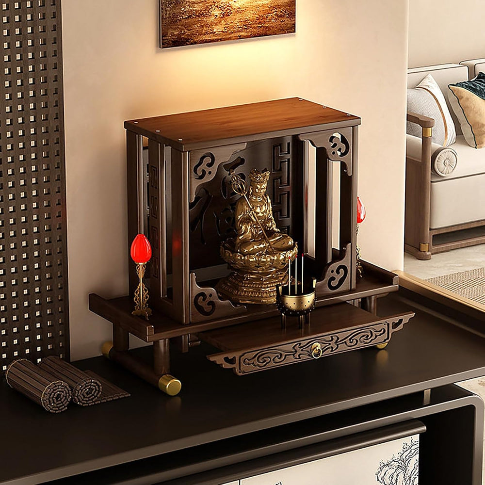 Small Altar Table Solid Wood, Pooja Meditation Table with Telescopic Pull-Out...