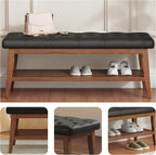 LEILISI Entryway Shoe Bench with Storage, End of Bed Bench, Microfiber Leather Upholstered Button-Tufted Seat Bench with Solid Wood Frame for Living Room, Bedroom (Black, 39.4'')