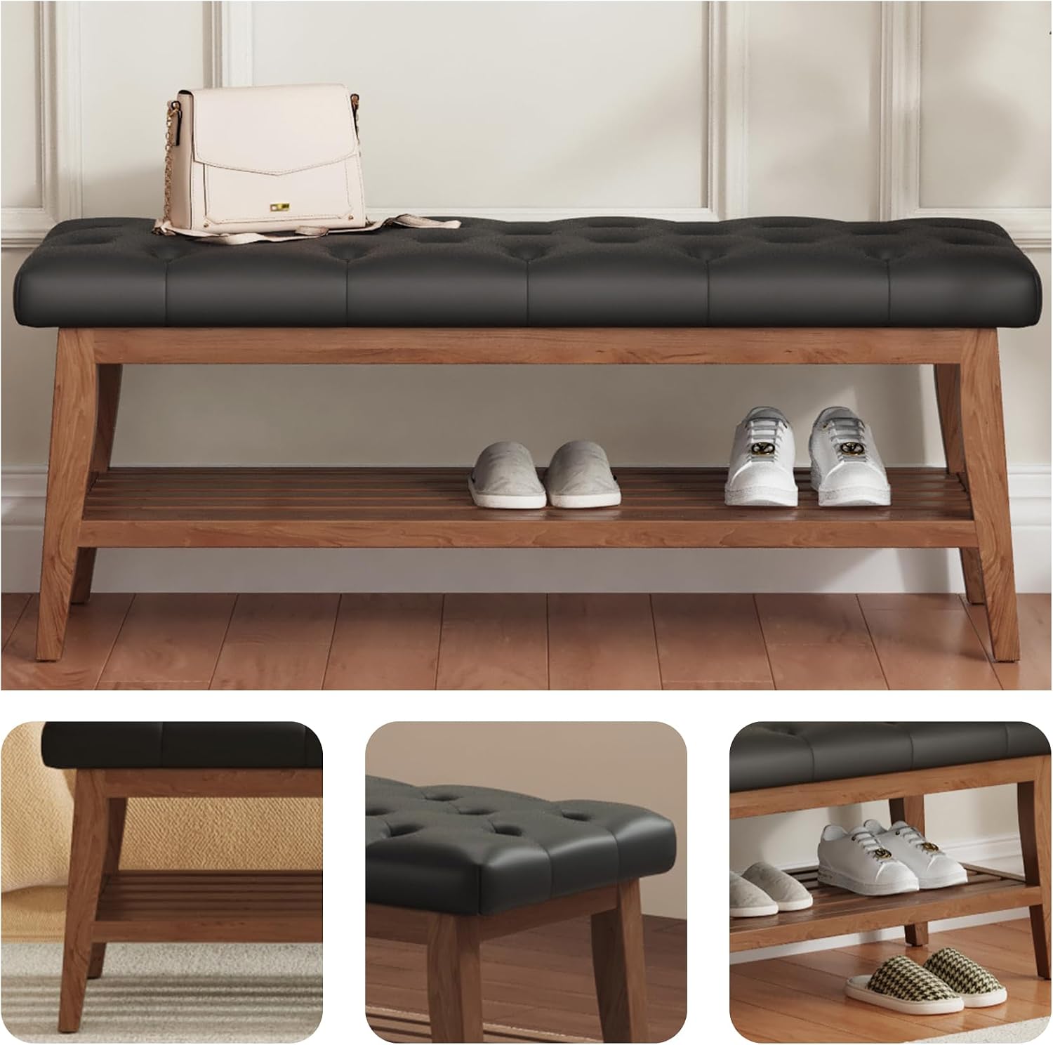 LEILISI Entryway Shoe Bench with Storage, End of Bed Bench, Microfiber Leather Upholstered Button-Tufted Seat Bench with Solid Wood Frame for Living Room, Bedroom (Black, 39.4'')