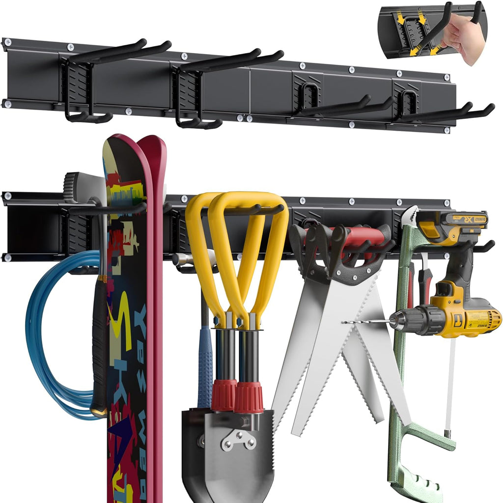 Garage Tool Organizer Wall Mount with 32 inches Rails and Adjustable Heavy-Duty Hooks, Garden Tool Organizer, Carries 300 lbs, Heavy Duty Garage Storage Rack For Yard, Shed, Workshop, Easy to Install