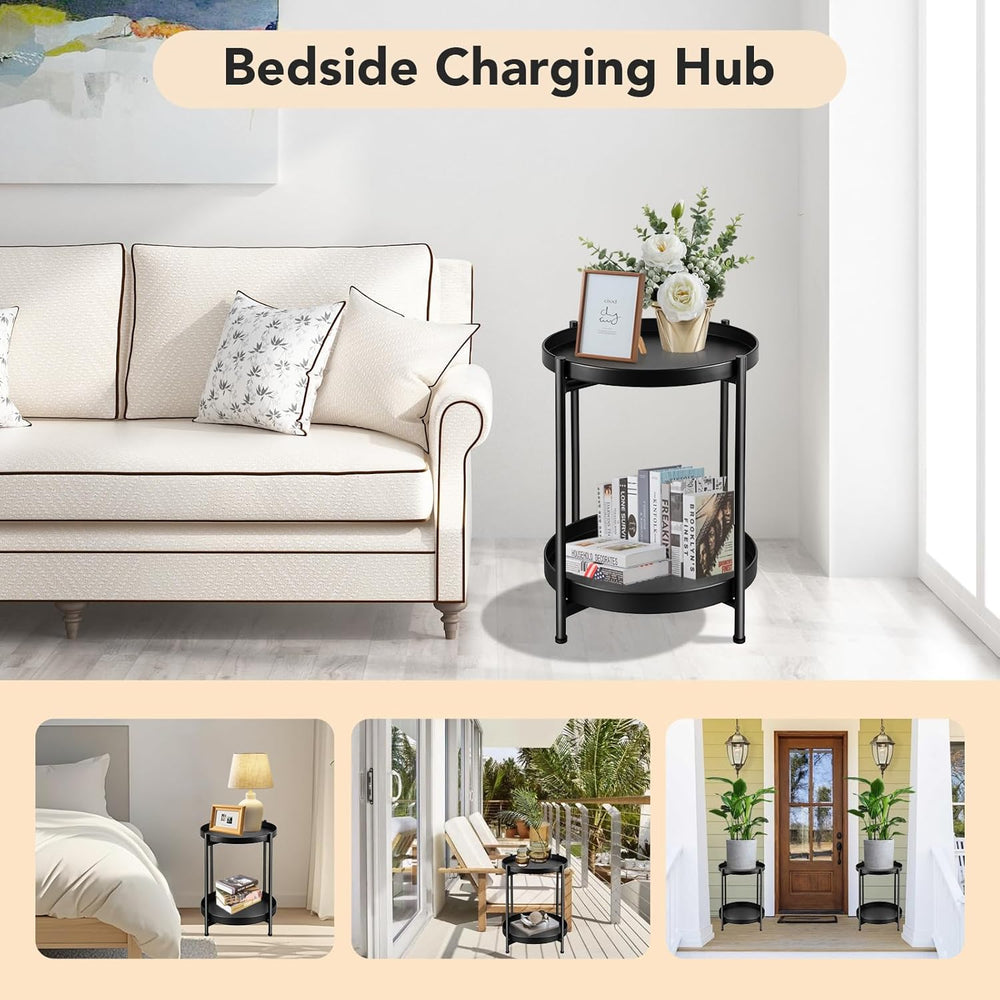 Foldable 2-Tier Round Side Table, Metal End Table with Storage for Indoor Out...