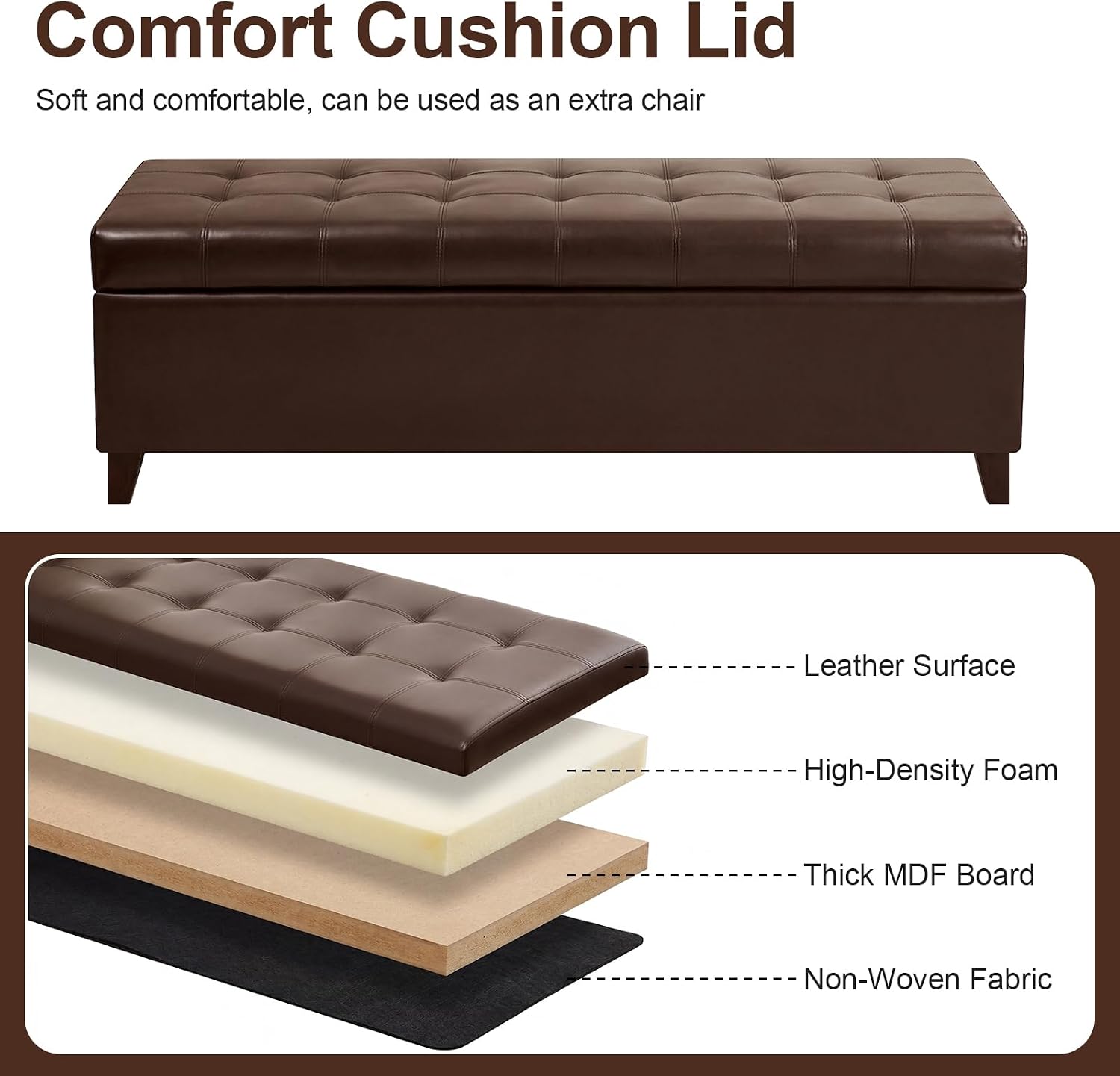 51" Dark Brown Leather Storage Ottoman for Living Room | End of Bed Storage Ottoman Bench, Faux Leather Upholstered Ottomans with Hinged Lid, Rectangle Bench for Entryway&Bedroom