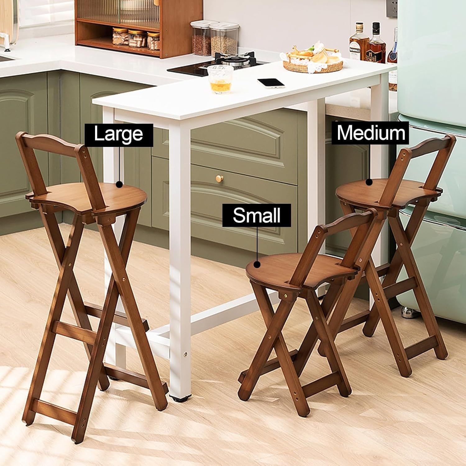 Folding Chairs Bamboo Bar Stools Set of 2, Kitchen Counter Height Stools with Backrest and Footrest,(Brown,Medium)