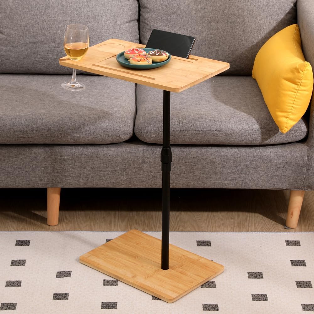 Height Adjustable Bamboo Couch Table, C-Shaped Oval End Table with Slots for ...
