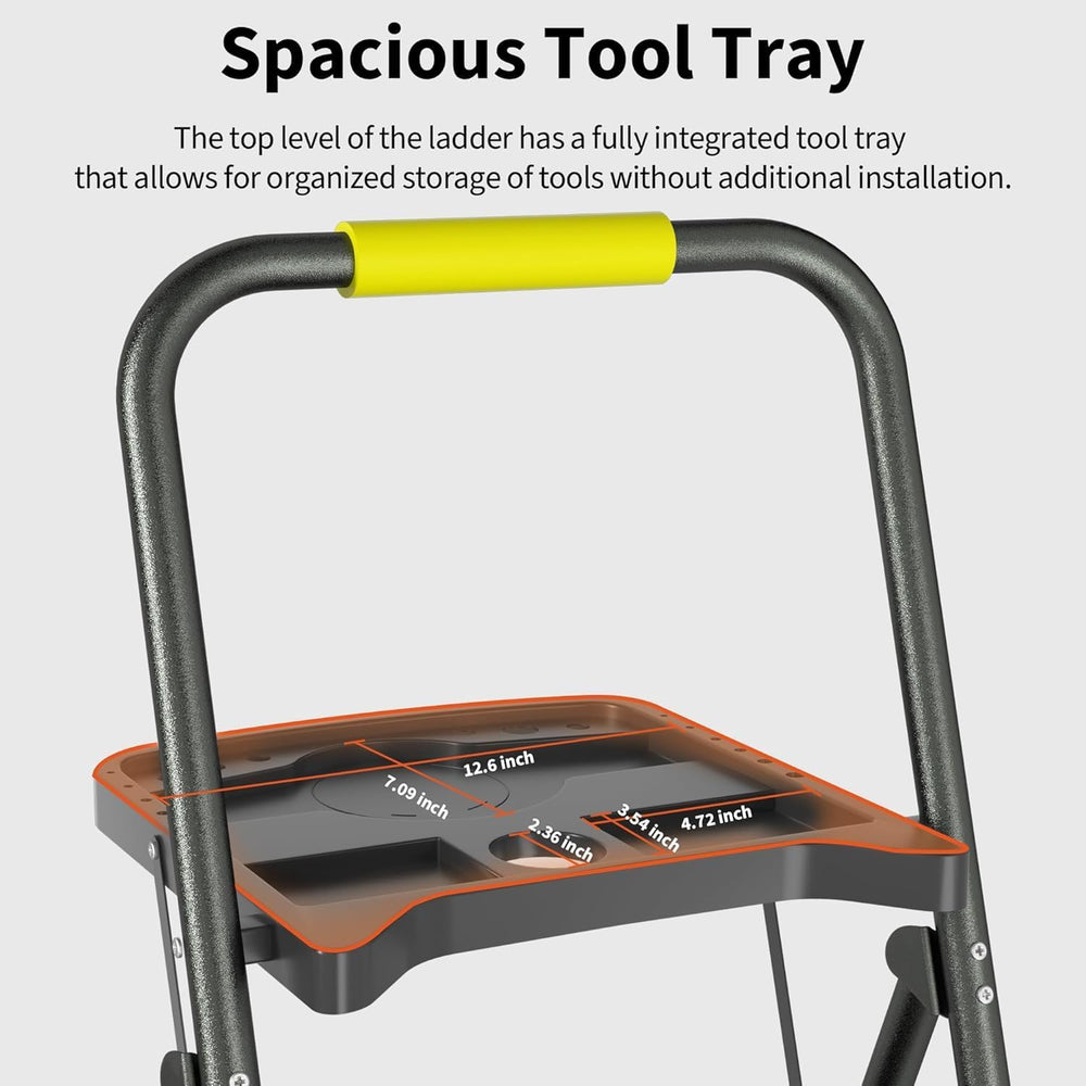 3 Step Folding Ladder, 600lbs Capacity Steel Stool with Tool Platform, Wide A...