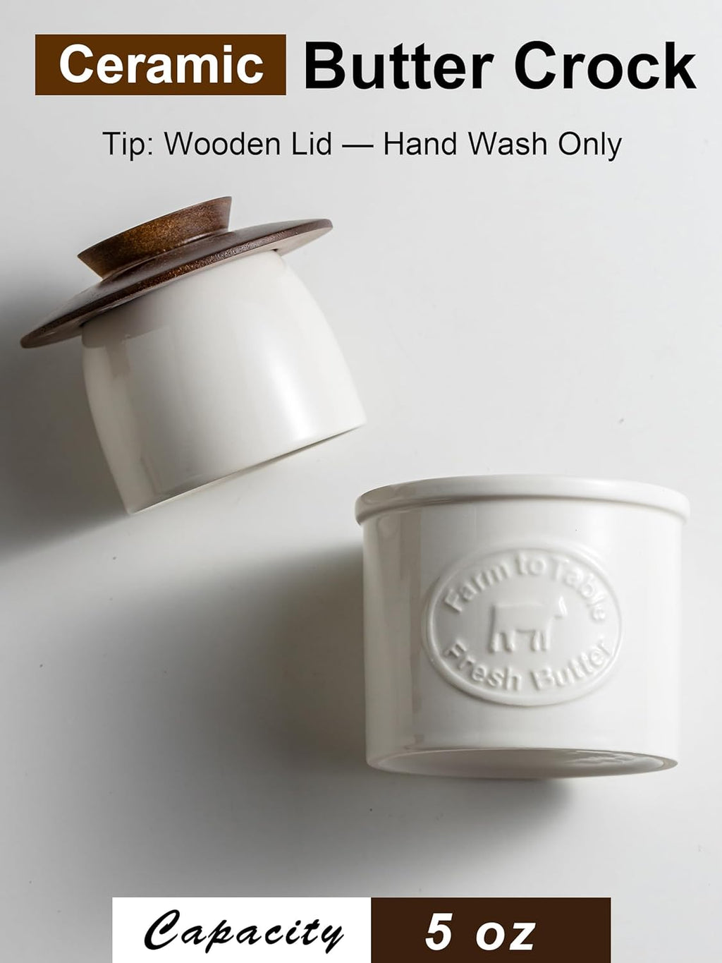 Butter Crock, Ceramic Butter Dish with Lid for Countertop, French Butter Keeper, Farmhouse Cow Pattern, White