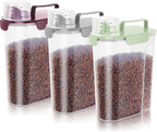 5-7Lbs Portable Cat Dog Food Storage Container with Upgraded Large Spout and Cup Dispenser for Small Large Animal Kibble, Pet Bird snack, Oatmeal, Rice, Flour, Brown Sugar-3 Pack (Purple Gray Green)